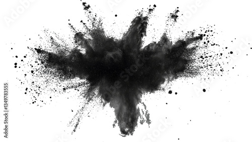 Vector black powder explosion on transparent white background. Black powder explosion, white background, dramatic effect,