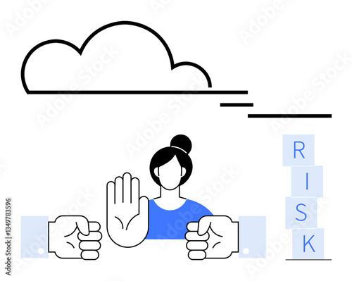 Woman raising hand to block while facing two fists, cloud above suggests uncertainty or threat. Ideal for safety, risk management, defense strategies, conflict, cybersecurity, boundaries, abstract