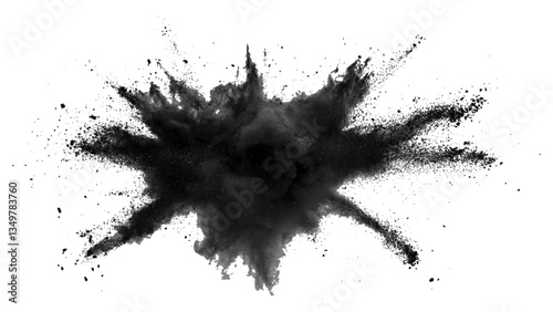 Vector black powder explosion on transparent white background. Black powder explosion, white background, dramatic effect,