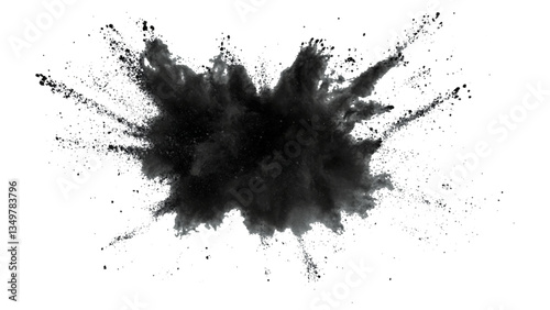 Vector black powder explosion on transparent white background. Black powder explosion, white background, dramatic effect,