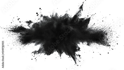 Vector black powder explosion on transparent white background. Black powder explosion, white background, dramatic effect,
