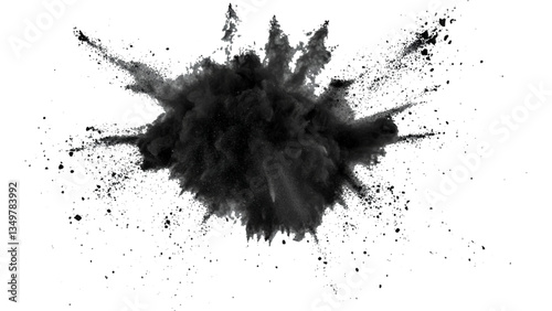 Vector black powder explosion on transparent white background. Black powder explosion, white background, dramatic effect,