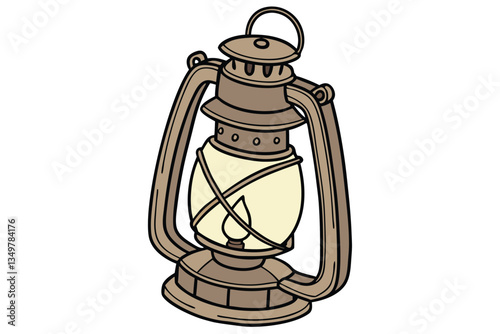 34 Vintage oil lantern, rustic bronze finish, glowing warm light, decorative metal details, glass globe, antique camping gear, nostalgic lighting, weathered patina, flame illumination, old-fashioned d