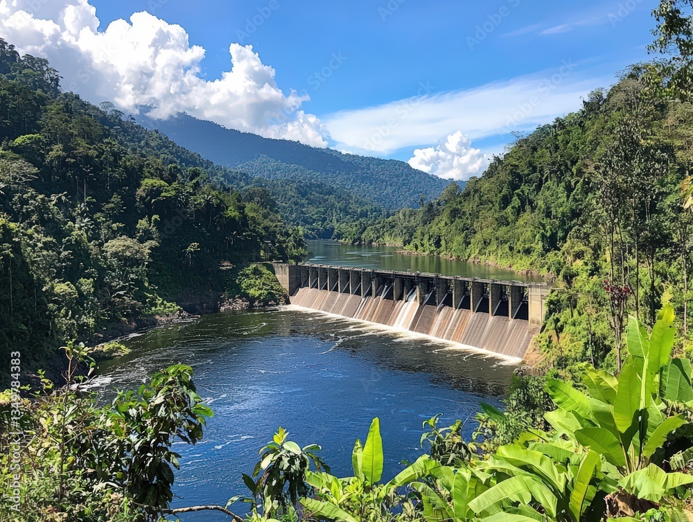 Majestic Dam in Lush Tropical Rainforest Landscape Water Flowing Over Spillway Majestic Dam in Lush Tropical Rainforest Landscape Water Flowing Over Spillway