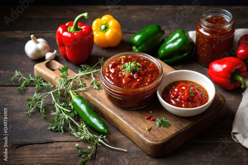 Homemade chili sauce showcased in clear jar celebrates sauce versatility for spicy food lovers. Visible pepper seeds and deep red hue capture attention, boosting flavorful meal ideas
