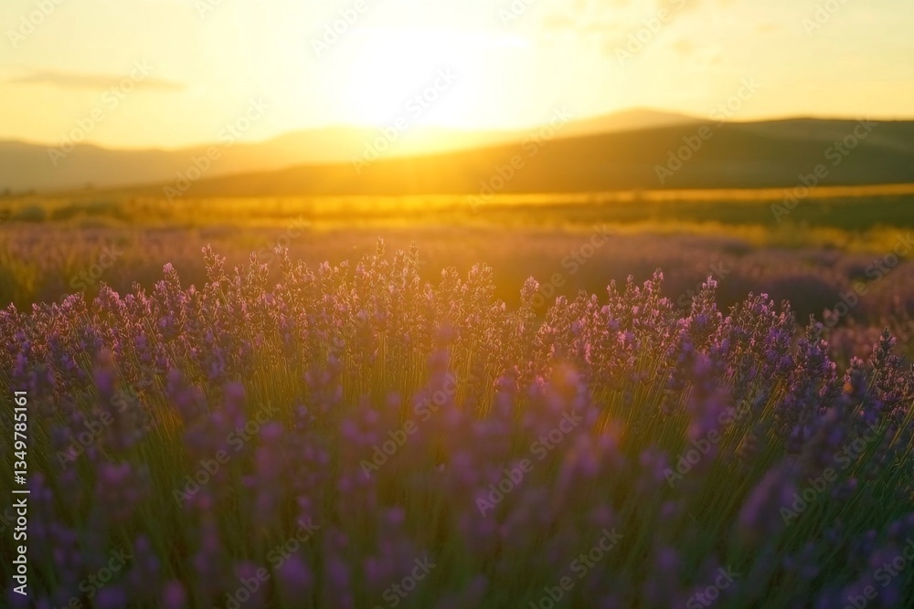 Fototapeta premium Lavender blossoms stretch across a vast field as the sun sets, casting a warm golden light over the landscape and illuminating distant mountains Generative AI