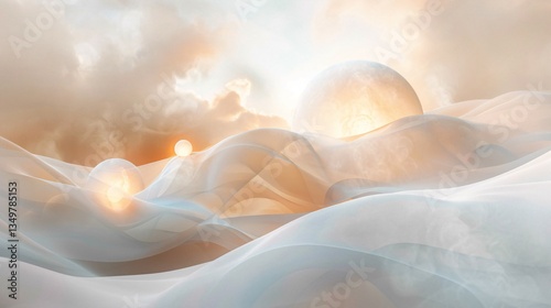 Futuristic Dreamy Landscape with Floating Spheres Background