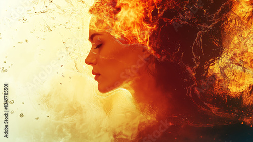 Double exposure portrait of water fire woman, nature, element concept