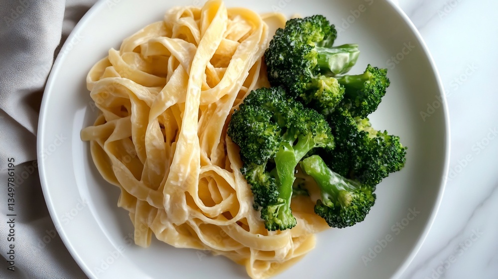 Pasta fettuccine alfredo with broccoli served on a white plate dish Pasta fettuccine alfredo with broccoli served on a white plate dish
