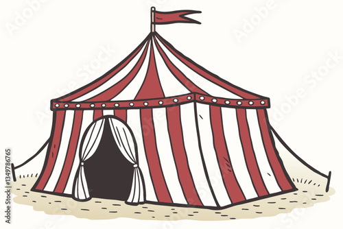 35 Circus tent, red and white stripes, big top, colorful, vintage style, hand-drawn illustration, whimsical, nostalgic, fairground attraction, carnival atmosphere, peaked roof, entrance flaps, pennant
