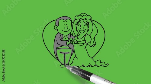 draw young couple seen on red heart in specific loving posture take hand in hand with black outline on abstract green screen background  
