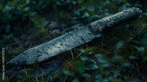 A close-up view of a weathered knife resting on moss and grass, surrounded by lush greenery in nature