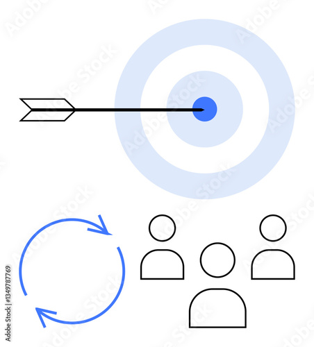 Arrow hitting bullseye symbolizes goals and precision. Circular arrows suggest collaboration and workflow. Group icons represent teamwork and people operations. Ideal for project management, goal
