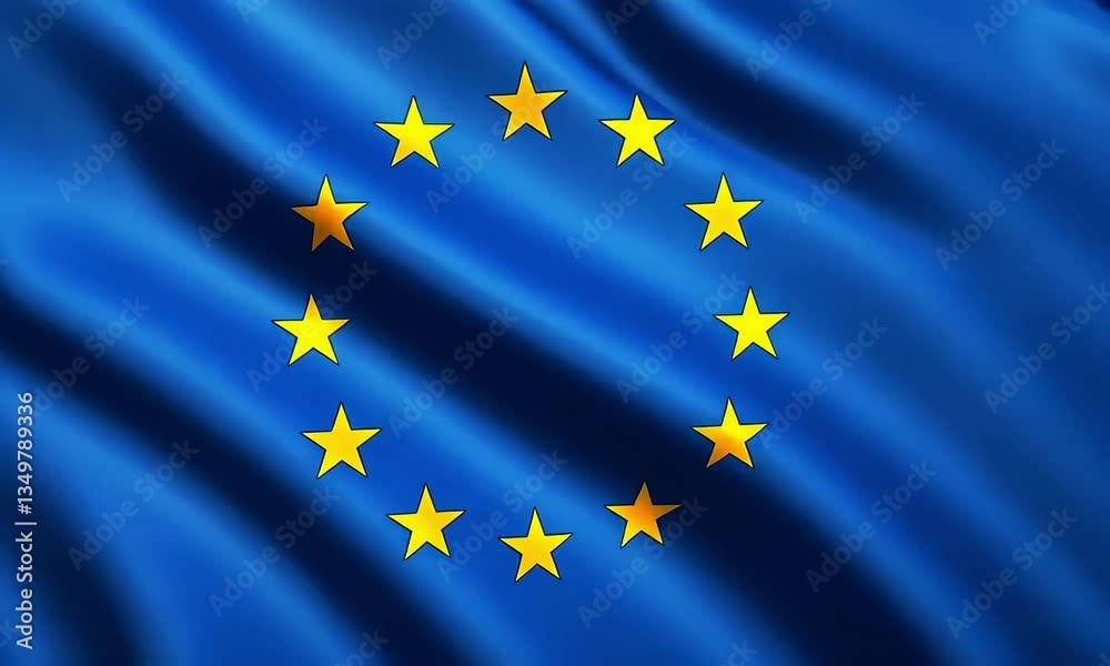 A close-up of a waving blue flag with twelve golden stars of the European Union, which creates a sense of movement and dynamics. A close-up of a waving blue flag with twelve golden stars of the European Union, which creates a sense of movement and dynamics.