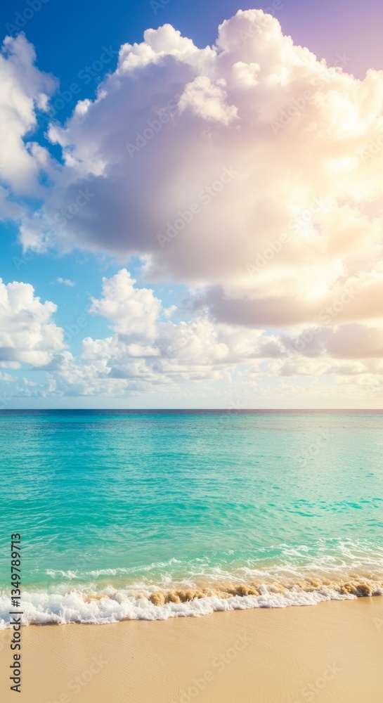 Fototapeta premium Scenic tropical beach panorama with turquoise ocean water and fluffy clouds