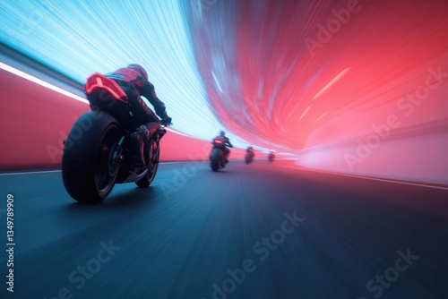 vibrant composition of motorcycles racing through futuristic neon-lit landscape with motion blur effects and generous