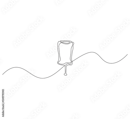Iv bag outline drawing illustration. Continuous line draw medical equipment vector.