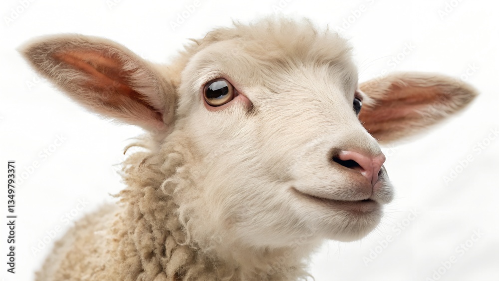 Fototapeta premium A close-up portrait of a young lamb against a bright white background.