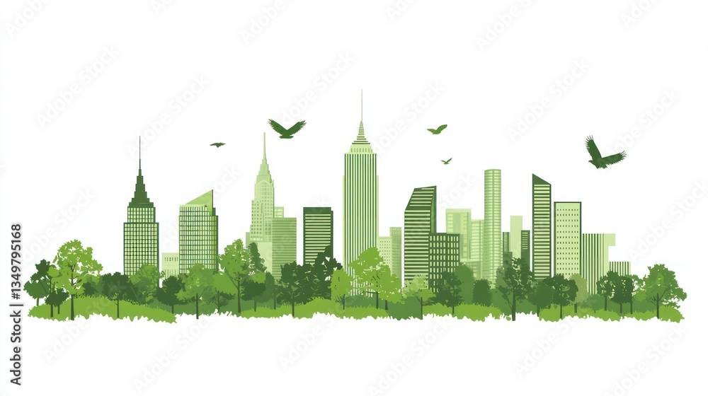 Fototapeta premium Green cityscape with trees and birds; environmentally friendly urban setting; background use