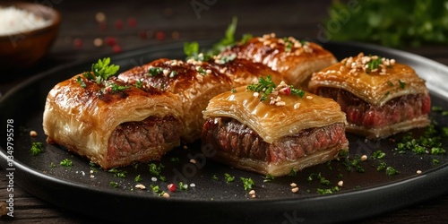 Trio of savory mini pies filled with beef, served on a black slate plate with herbs garnish.
