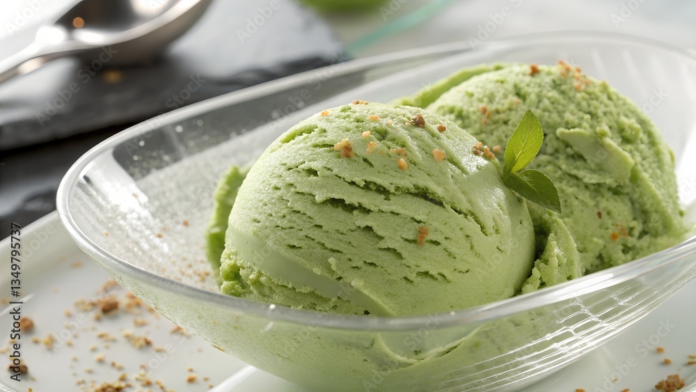 A close-up shot of two scoops of green ice cream A close-up shot of two scoops of green ice cream