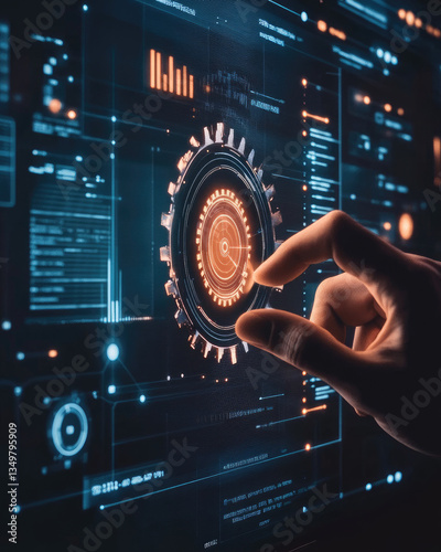 A close-up of a hand adjusting a cogwheel while a futuristic interface displays productivity statistics and workflow automation data. 