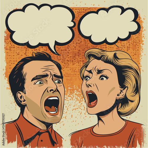 Family conflicts illustrated by a vintage pop-art couple arguing


