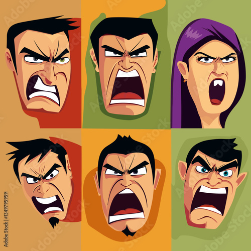 Family conflicts illustrated by expressive angry faces

