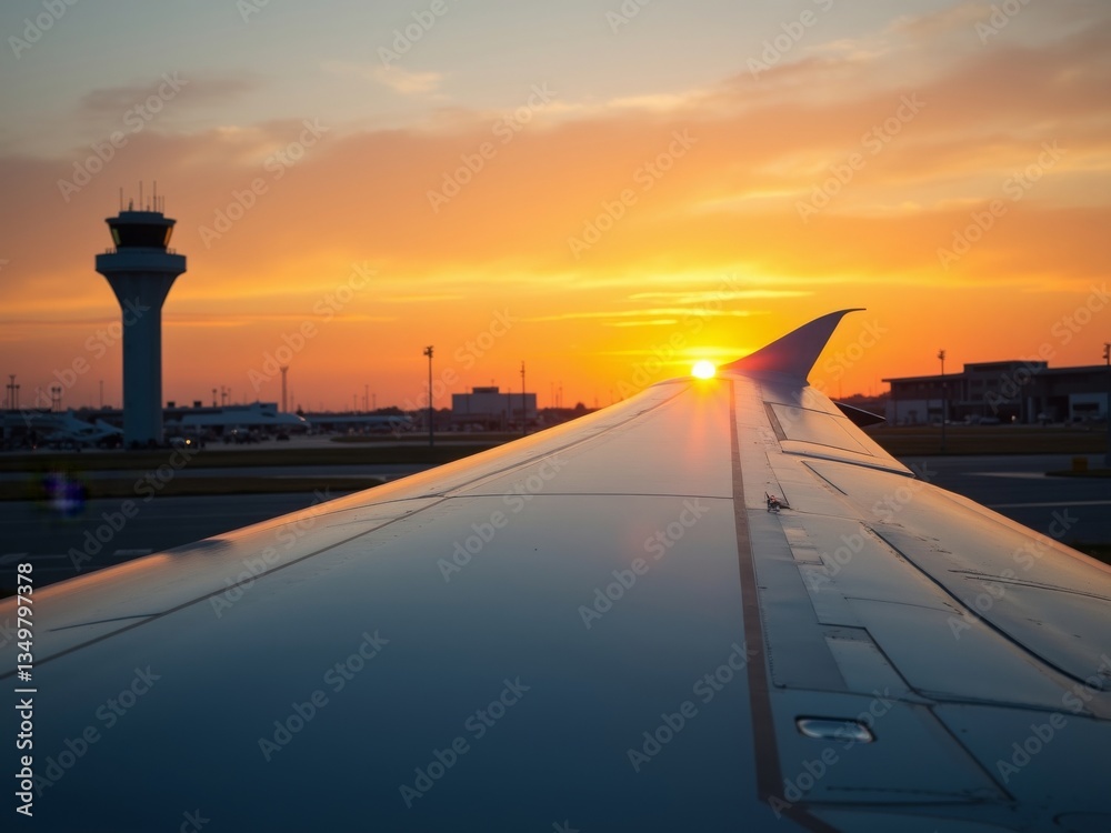 Fototapeta premium Airplane wing at sunset, with an airport control tower silhouetted in the distance