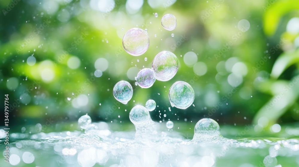 Obraz premium Colorful soap bubbles popping in water, vibrant green background