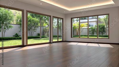 Sunbeams are illuminating an empty room with hardw