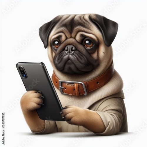 Adorable pug dog using a smartphone with a serious expression and human attire