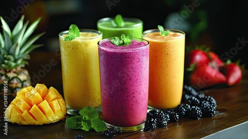 Wallpaper Mural "Exotic fruit smoothies blending tropical favorites like pineapple, coconut, and mango into a refreshing treat. - Torontodigital.ca
