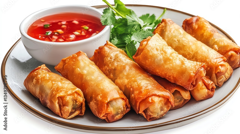 Crispy Spring Rolls Served with Sweet Chili Sauce and Fresh Cilantro Crispy Spring Rolls Served with Sweet Chili Sauce and Fresh Cilantro