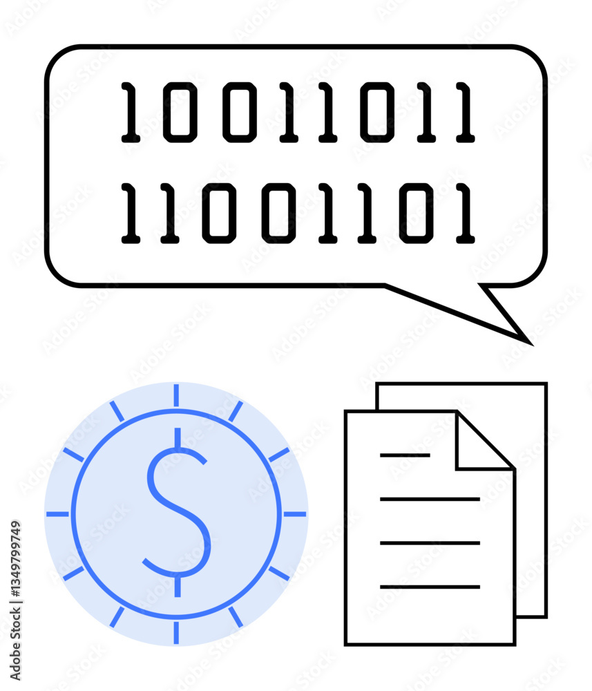 Binary code in a speech bubble, a digital currency coin with a dollar symbol, and papers suggest communication, blockchain finance, documentation, and technology. Ideal for fintech, coding, money Binary code in a speech bubble, a digital currency coin with a dollar symbol, and papers suggest communication, blockchain finance, documentation, and technology. Ideal for fintech, coding, money
