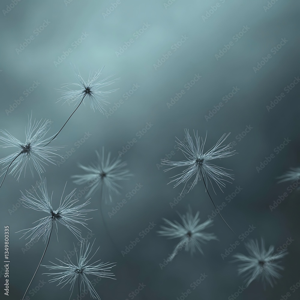 Obraz premium Dandelion Seeds Floating with Sky Background.