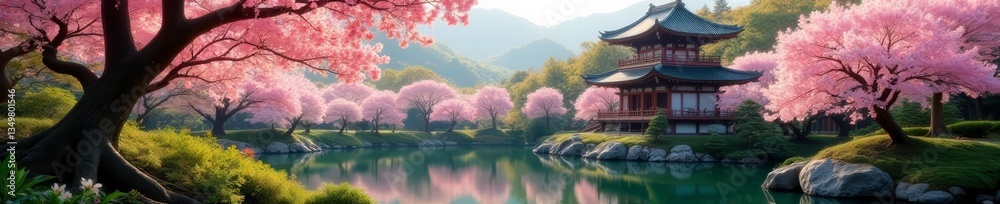 Obraz premium - Peaceful garden with cherry blossom trees and pagoda, asian, serene, scenic