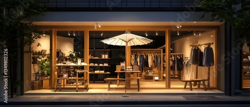Weathered wooden racks for merchandise displays positioned in front of a retail store with a white umbrella hanging from the side of the building  The scene is illuminated by contemporary
