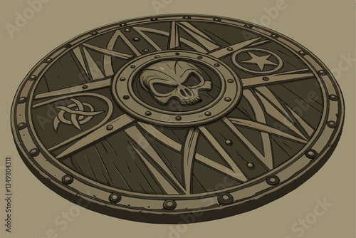 37 Bronze metallic shield, intricate ornate design, skull centerpiece, circular pattern, Celtic knotwork, ancient symbolism, detailed relief carving, medieval aesthetic, fantasy art, gothic emblem, my