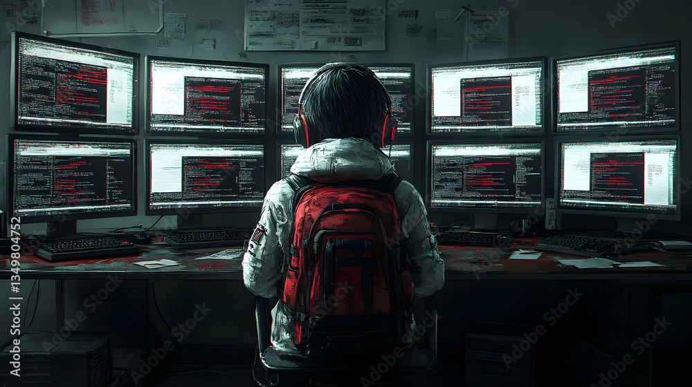 Naklejka premium A person engrossed in coding, surrounded by multiple screens