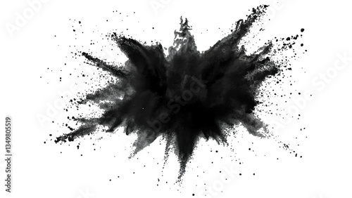 Black powder explosion on white background. Vector black dust explode. Paint holi. Black vibrant rainbow holi paint color powder explosion with bright colors isolated white background.	