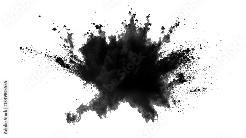 Black powder explosion on white background. Vector black dust explode. Paint holi. Black vibrant rainbow holi paint color powder explosion with bright colors isolated white background.	