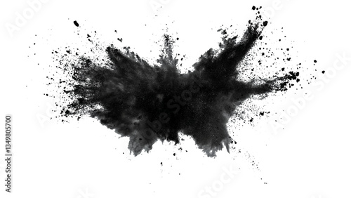 Black powder explosion on white background. Vector black dust explode. Paint holi. Black vibrant rainbow holi paint color powder explosion with bright colors isolated white background.	
