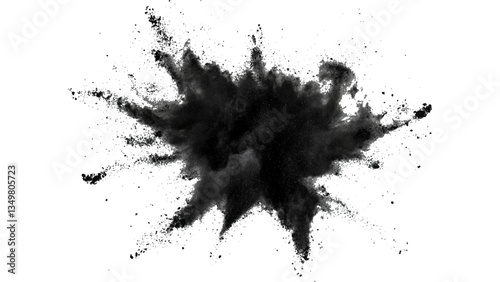Black powder explosion on white background. Vector black dust explode. Paint holi. Black vibrant rainbow holi paint color powder explosion with bright colors isolated white background.	