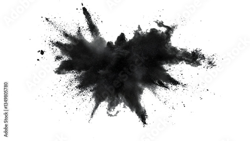 Black powder explosion on white background. Vector black dust explode. Paint holi. Black vibrant rainbow holi paint color powder explosion with bright colors isolated white background.	