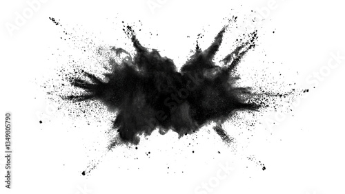 Black powder explosion on white background. Vector black dust explode. Paint holi. Black vibrant rainbow holi paint color powder explosion with bright colors isolated white background.	