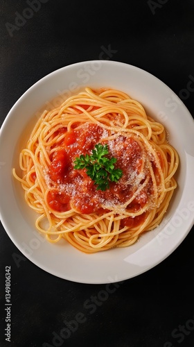 Delicious Spaghetti Topped With Fresh Basil and Tomato Sauce on a Dark Backgr...