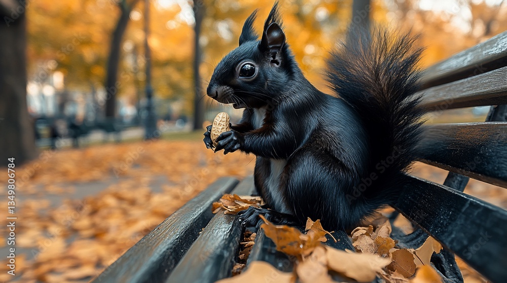 Black squirrel eats nut on park bench surrounded by autumn leaves in the fall season Black squirrel eats nut on park bench surrounded by autumn leaves in the fall season