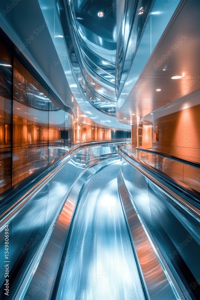 Fototapeta premium Modern escalator with metallic finish, surrounded by futuristic architecture.