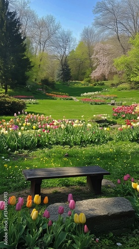 Colorful Flower Garden With Blooming Tulips and a Serene Pathway During Sprin...